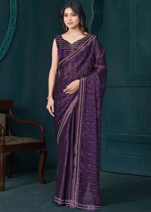 Purple Embroidered Saree In Organza