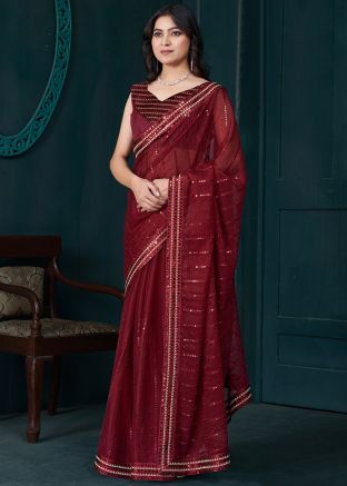 Red Sequin Work Organza Saree