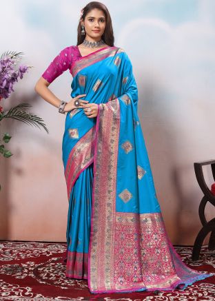 Blue Zari Woven Saree In Silk