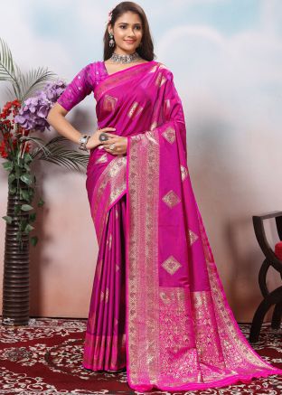 Pink Zari Woven Saree In Silk