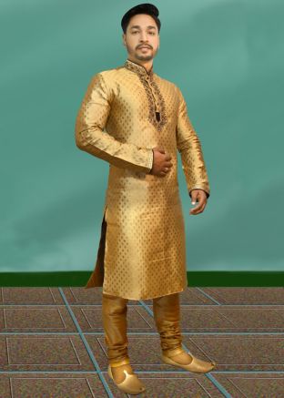 Readymade Golden Woven Kurta With Pajama