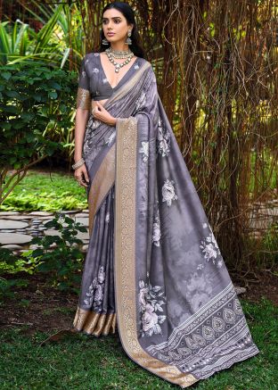 Grey Floral Print Saree In Cotton