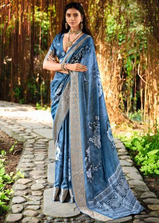Blue Floral Print Cotton Saree