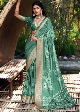 Green Floral Print Saree In Cotton