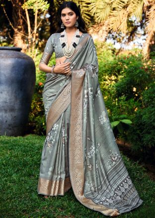 Grey Floral Print Saree In Cotton