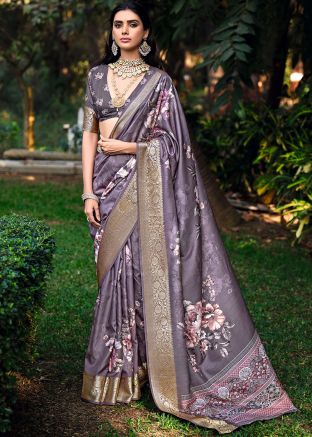 Purple Floral Print Saree In Cotton