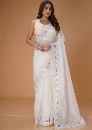 White Thread Embroidered Saree In Organza