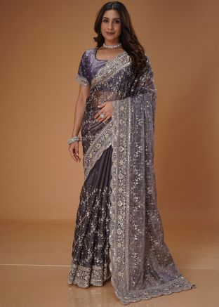 Grey Organza Embroidered Saree