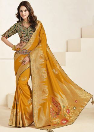 Yellow Embroidered Saree In Silk