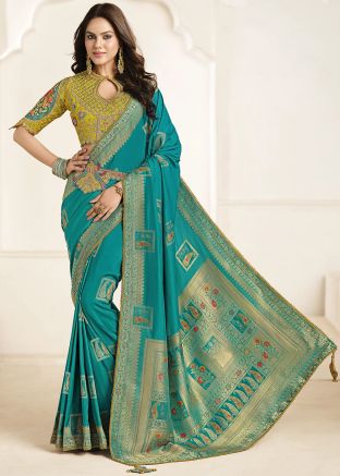 Blue Embroidered Saree In Silk