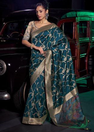 Teal Blue Zari Woven Silk Saree