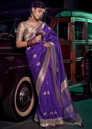 Purple Silk Zari Woven Saree & Blouse