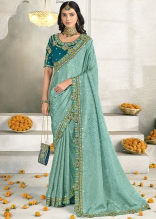 Blue Embroidered Border Silk Saree