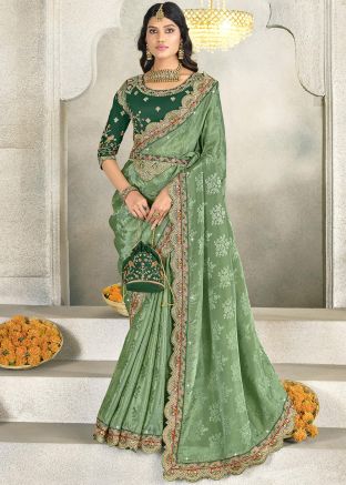 Green Embroidered Silk Saree