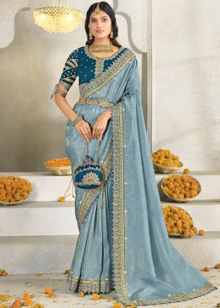 Blue Woven Saree In Silk