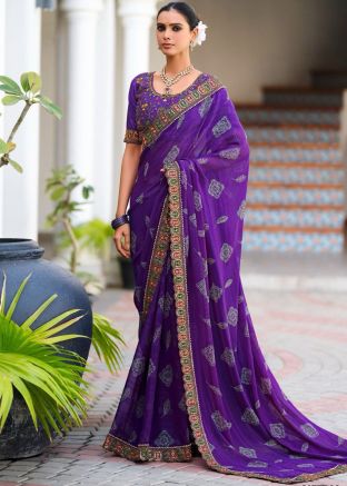 Purple Printed Georgette Saree & Blouse