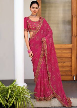 Pink Printed Saree In Georgette
