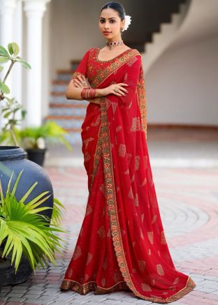 Red Georgette Embroidered Saree