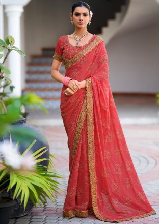 Coral Red Georgette Embroidered Saree