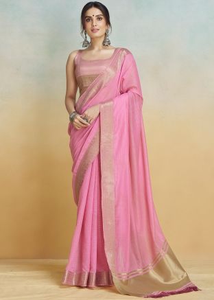 Pink Zari Woven Saree In Silk