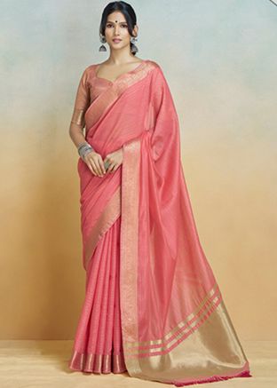 Peach Silk Saree In Zari Woven Work