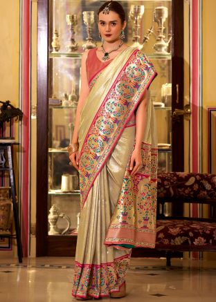 Cream Zari Woven Tissue Saree