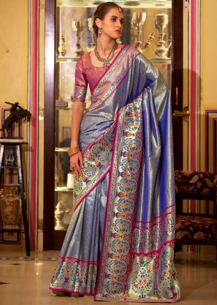 Dark Blue Zari Woven Tissue Saree