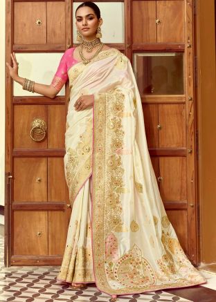 Cream Zari Woven Saree In Dola Silk