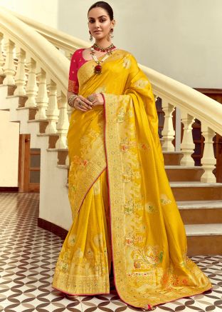 Yellow Zari Woven Saree In Dola Silk