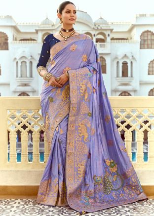 Blue Embroidered Dola Silk Saree