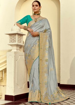 Grey Embroidered Saree In Dola Silk
