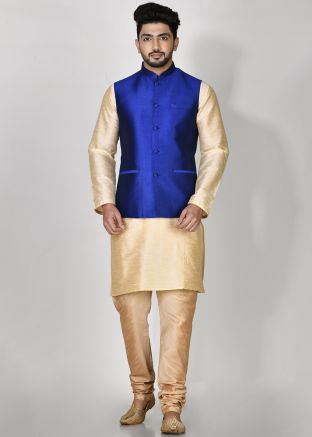 Blue Art Silk Nehru Jacket For Mens