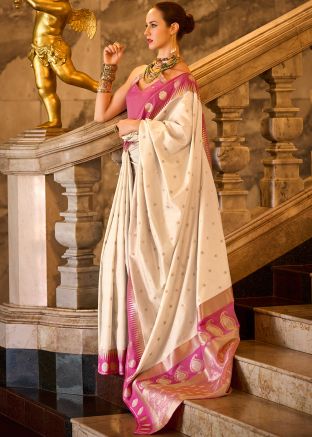 Cream Zari Woven Saree In Silk