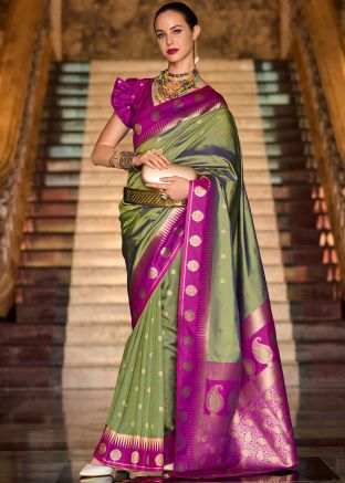 Green Silk Saree In Zari Woven Work