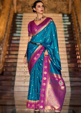 Blue Zari Woven Saree In Silk
