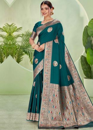 Teal Green Woven Saree In Silk
