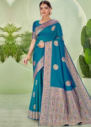 Blue Zari Woven Saree In Silk