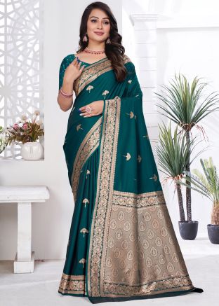 Teal Blue Silk Saree In Woven Work