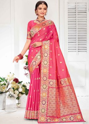Pink Zari Woven Silk Saree
