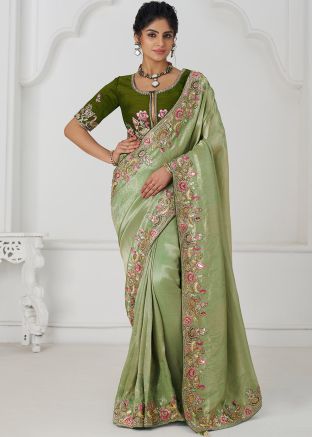 Sage Green Embroidered Viscose Saree