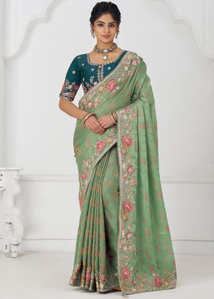 Green Woven Viscose Saree With Blouse