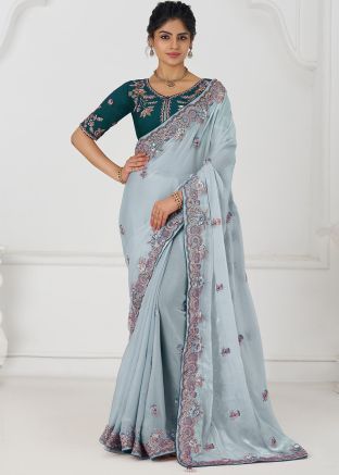 Blue Art Silk Saree With Embroidered Blouse