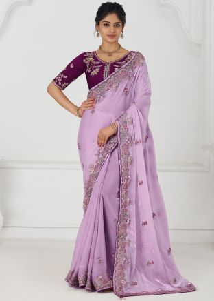 Lavender Art Silk Embroidered Border Saree