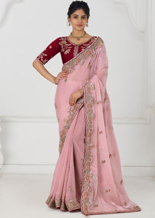 Light Pink Art Silk Embroidered Saree