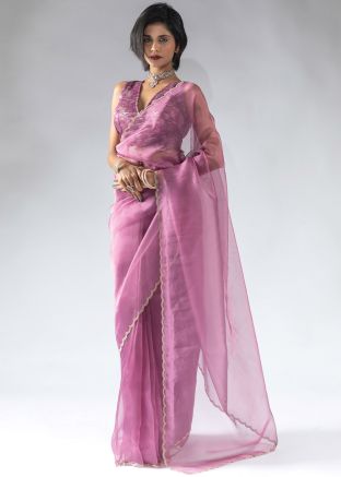 Pink Embellished Border Organza Pre-Stitched Saree