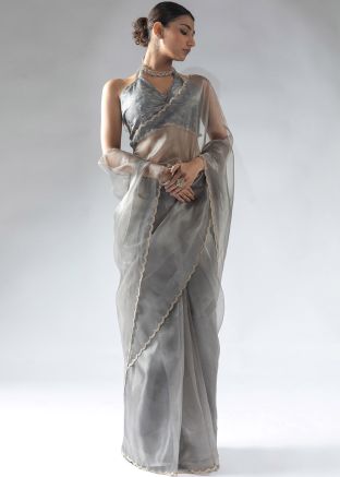 Grey Scalloped Border Pre-Stitched Saree In Organza