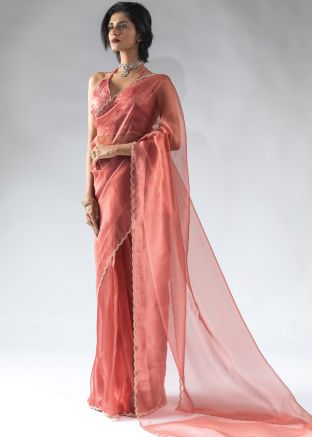 Peach Pre-Stitched Saree In Organza