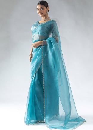 Blue Pre-Stitched Embellished Border Saree In Organza
