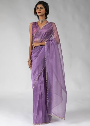 Pre-Stitched Purple Scalloped Border Saree