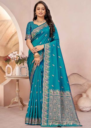 Blue Zari Woven Saree In Silk